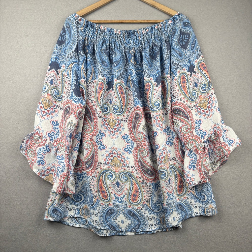 Indigo Rose Peasant Top Womens 3X Paisley Smocked Bell Sleeve Boho Blouse - Picture 4 of 13